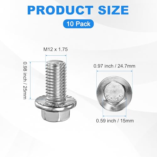 M METERXITY 10 Pack Flanged Hex Head Bolts, M12 x 25mm 304 Stainless Steel External Hex Drive Screws, Metric Fully Threaded Screw for Furniture Car DIY Project [Silver Tone] - size: M12 x 25mm