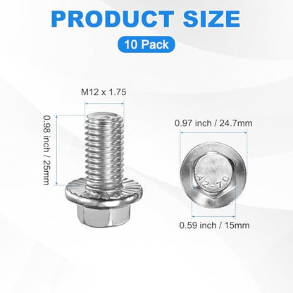 M METERXITY 10 Pack Flanged Hex Head Bolts, M12 x 25mm 304 Stainless Steel External Hex Drive Screws, Metric Fully Threaded Screw for Furniture Car DIY Project [Silver Tone] - size: M12 x 25mm