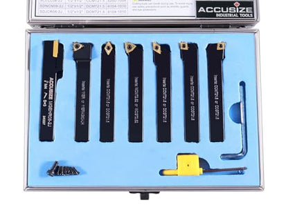 Accusize Industrial Tools 7-Ps Indexable Carbide Turning Tool Set, 1/2" Shank, C6 Grade TiN Coated Inserts, in Fitted Aluminum Case, 2387-2004 - size: 7 Pcs/Set