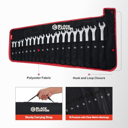 BLACK CANYON Wrench Roll Up Pouch, Waterproof, Wear-Resistant, Wrench Roll with Handle, Wrench Organizer for Manufacturing, Construction - size: 19 Pockets Metric