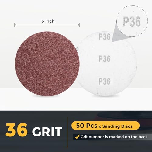 HARFINGTON 50 Pcs 5 Inch Sanding Discs 36 Grit Red Aluminum Oxide - size: 5 Inch(36 Grit)