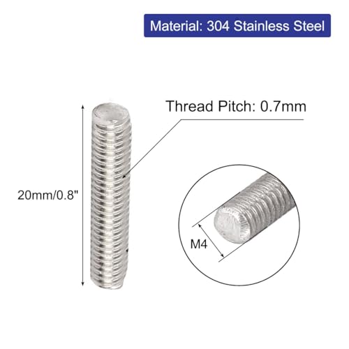 uxcell M4 x 20mm 304 Stainless Steel Fully Threaded Rod Bar Studs Fasteners 20 Pcs - size: M4 x 20mm