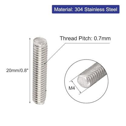 uxcell M4 x 20mm 304 Stainless Steel Fully Threaded Rod Bar Studs Fasteners 20 Pcs - size: M4 x 20mm