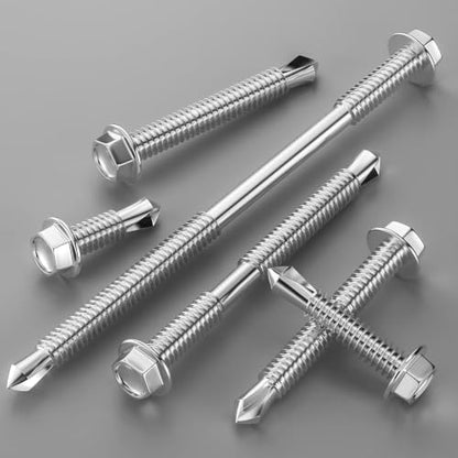 Wensilon (100Pcs) #10×2" Hex Washer Head Self Drilling Screws, 410 Stainless Steel Metal SheetScrews，TEK Screws, Sheet Metal Self Tapping Screws - color: Silver, size: #10x2"