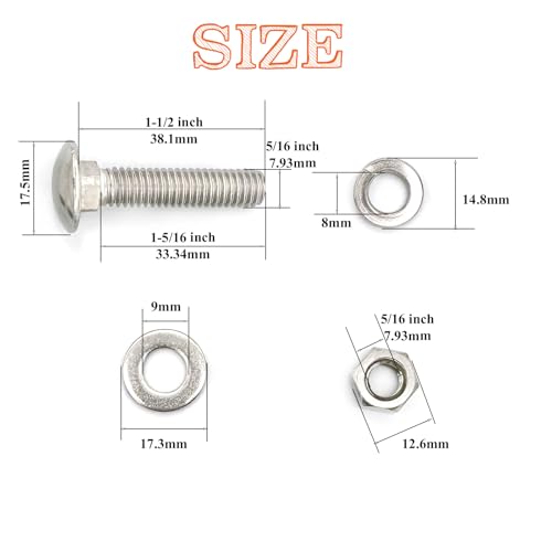 8 Sets 5/16"-18 x1-1/2 Carriage Bolts Round Head Square Neck Screws with Hex Nuts Flat Washers Spring Lock Washers 304 Stainless Steel Full Thread Coverage Square Neck Bolts Assortment Kit - size: 5/16"-18 x1-1/2"-8 Sets