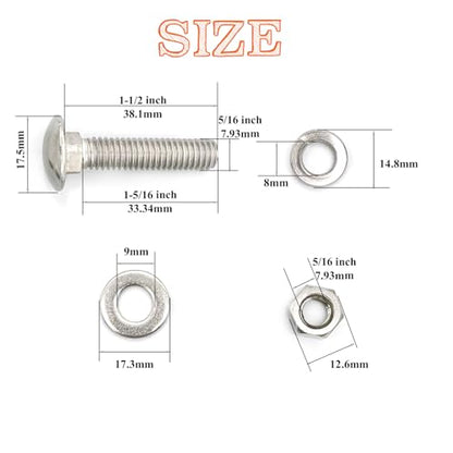 8 Sets 5/16"-18 x1-1/2 Carriage Bolts Round Head Square Neck Screws with Hex Nuts Flat Washers Spring Lock Washers 304 Stainless Steel Full Thread Coverage Square Neck Bolts Assortment Kit - size: 5/16"-18 x1-1/2"-8 Sets