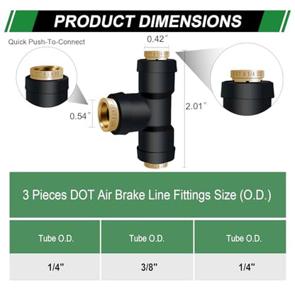 1/4" DOT Air Line Fittings Tee 3PCS, 1/4" OD x 1/4" OD x 3/8" OD - color: 1/4" * 1/4" * 3/8" 3PCS