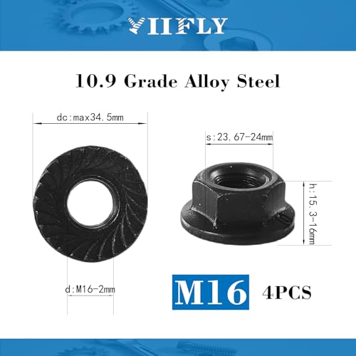 M16x2mm Metric Serrated Hex Flange Nuts, Grade 10.9 Alloy Steel, Heat Treated, Black Oxide Finish, 4PCS - color: Black, size: Black M16x 2mm