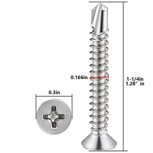 Wensilon（250pcs）#8×1-1/4”for Sheet Metal Self-Tapping Screws 410 Stainless Steel Flat Head High-Strength Quick self-Drilling Screws - color: Silver, size: #8X1-1/4"