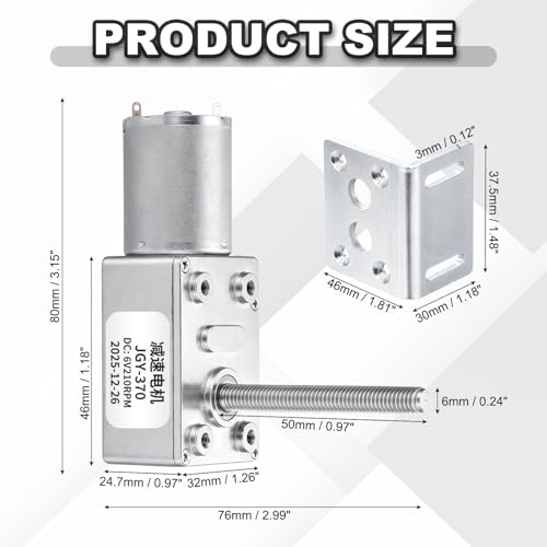 MECCANIXITY JGY-370 12V 66RPM DC Worm Gear Motor M6 Thread Shaft