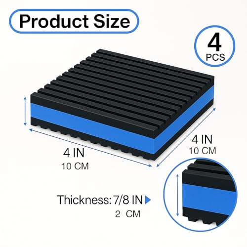 4P Anti Vibration Pads 4'' X 4'' X 7/8" Sound Isolation Ribbed Rubber Mats with EVA Center, Heavy Duty Vibration Isolation Pads for Air Compressos, Conditioner, Treadmill, HVAC Washer Dryer
