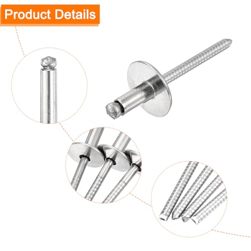uxcell 50Pcs 3/16"x3/8" 304 Stainless Steel Large Flange Round Head Rivets, Large Cap Open End Blind Rivets for construction, automotive manufacturing, aerospace, shipbuilding (Silver) - size: 3/16"x3/8"