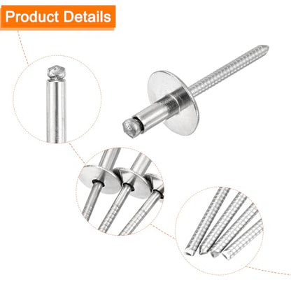 uxcell 50Pcs 3/16"x3/8" 304 Stainless Steel Large Flange Round Head Rivets, Large Cap Open End Blind Rivets for construction, automotive manufacturing, aerospace, shipbuilding (Silver) - size: 3/16"x3/8"