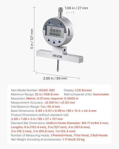 VEVOR Depth Gauge, Depth Micrometer Digital Electronic Indicator 0-22 inch Measuring Range, 0.0005" Resolution, Precision Unit Conversion with 4 Anvils, Measuring Tool for Groove, Step, Hole