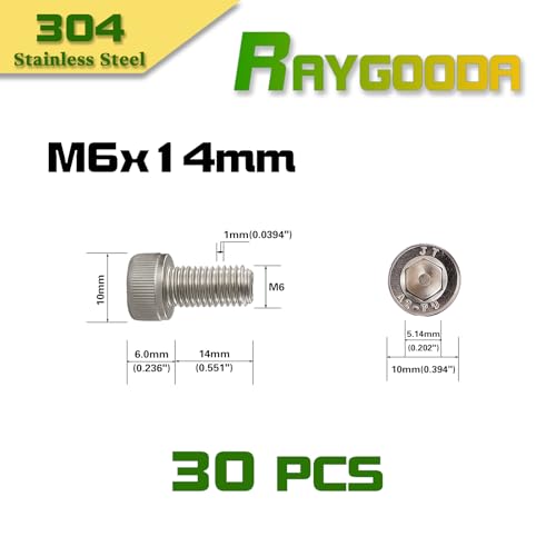 M6x1.0 x 14mm Socket Head Cap Screws Metric, 304 Stainless Steel (A2-70), Allen Socket Drive, Bright Finish, Full Thread, Rust & Corrosion Resistant, for Automotive, Machinery & DIY, 30 PCS - size: M6x14mm (30 PCS)