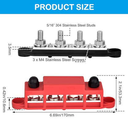 Power Distribution Block 12V 250A 4 x 5/16"(M8) Stud Bus Bar Tinned Copper Electrical Battery Terminal Block for Boat Automotive Solar Wiring - size: 250A