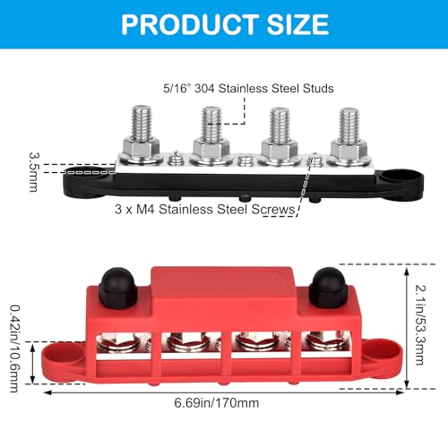 Power Distribution Block 12V 250A 4 x 5/16"(M8) Stud Bus Bar Tinned Copper Electrical Battery Terminal Block for Boat Automotive Solar Wiring - size: 250A