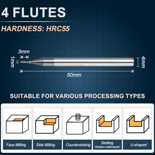 1mm Carbide End Mill, 3mm Cut L, 50mm L, 4mm Shank, Black - color: Black, size: 1mm Dia,3mm CL,50mm L,4mm Shank