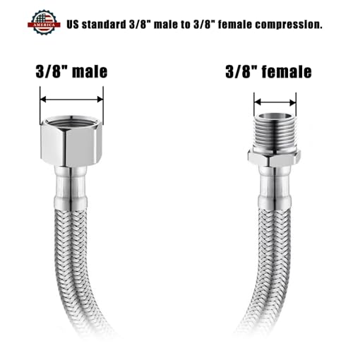 Water Supply Extension Line - 8 Inch Long, 3/8" Male Comp. To 3/8" Female Compression Stainless Steel Braided Hose, Fits Toilet Ballcock or Other Faucet Fitting - 2 Pieces - size: 3/8" Male to 3/8" Female