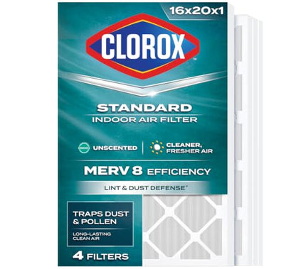 Clorox 16x20x1 Air Filter, MERV 8 Pleated HVAC AC Furnace Air Filters for Lint, Dust and Pollen, MPR 600 & FPR 5 – Pack of 4 - style: MERV 8 Standard