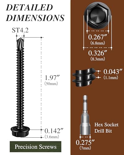 50PCS #8 x 2 Self Drilling Screws, Black Self Tapping Screws for Metal, 410 Stainless Steel Hex Washer Head Sheet Metal Screw, Quick Tapping with 7mm Hex Socket - color: Black, size: #8 x 2"