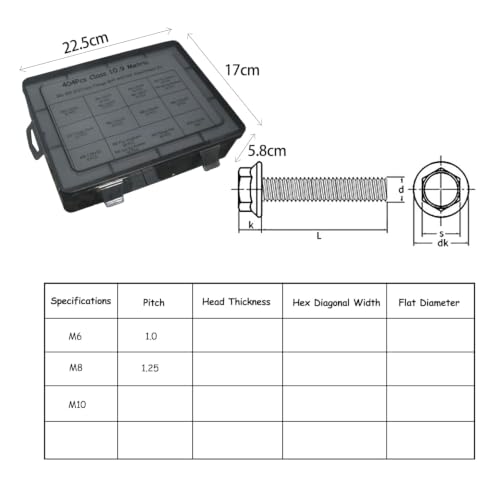 404Pcs Class 10.9 Metric Flange Bolts Kit - M6 M8 M10 (12-30mm) - size: M6 x 1, M8 x 1.25, M10 x 1.5