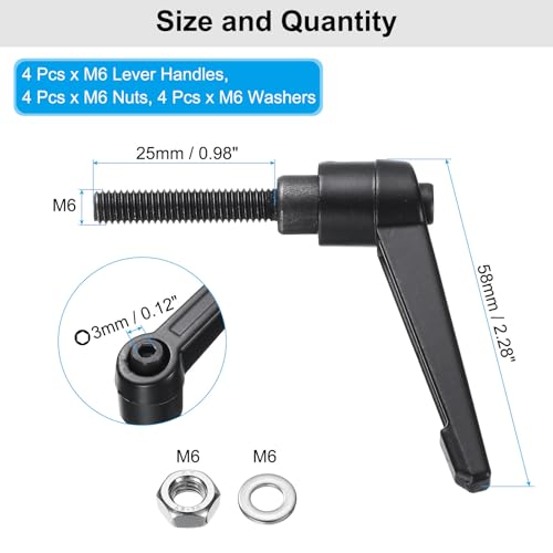 uxcell 4pcs Lever Adjustable Handles M6 x 25mm Metric Male Thread with Nuts Washers, Level Clamping Handle Set Hand Stud Knobs Rotating Screw Handles Bolts with Locking Lever, Black - size: M6 x 25mm
