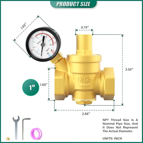 1 inch Brass Water Pressure Regulator,DN25, with 0-220PSI Gauge - size: 1 Inch