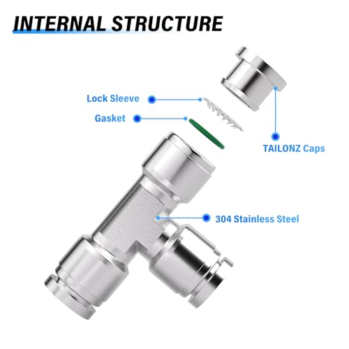 TAILONZ 3/8" OD Tee 304 Stainless Steel Push to Connect Fittings 1Pcs - size: 3/8" OD