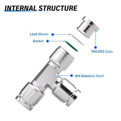 TAILONZ 3/8" OD Tee 304 Stainless Steel Push to Connect Fittings 1Pcs - size: 3/8" OD