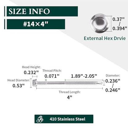 #14 x 4 (25 pcs) Hex Washer Head Self Drilling Screws, 410 Stainless Steel Metal Sheet Tek Screws, Self Tapping Point, No Pre-drilled Hole Needs - size: #14 x 4"