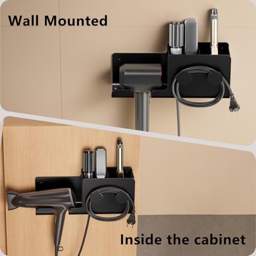 FEZHI Hair Dryer Holder,3-in-1 Hair Tool Organizer Heightened design with Plug&Cord Winding,Blow Dryer Holder Wall Mounted/Cabinet Door for Flat/Curling Irons Hair Straighteners (Black)