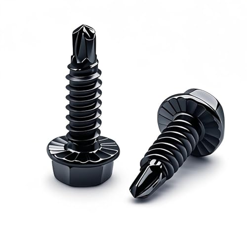 Garage Door Screws (50 Pack) - Black Color 1/4" x 3/4" Self Drilling Tek Screws with Serrated Hex Washer Head, Zinc Plated Metal to Metal Fasteners for Hinge & Bracket Repair, Roofing, HVAC - color: Black