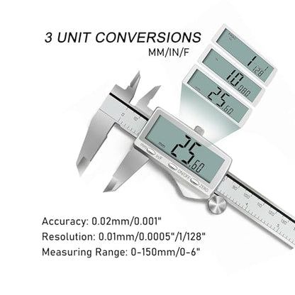 Digital Caliper Measuring Tool, 6 Inch Stainless Steel Vernier Micrometer with Large LCD Screen, USB-C Rechargeable, Inch/MM/Fraction (6 Inch)