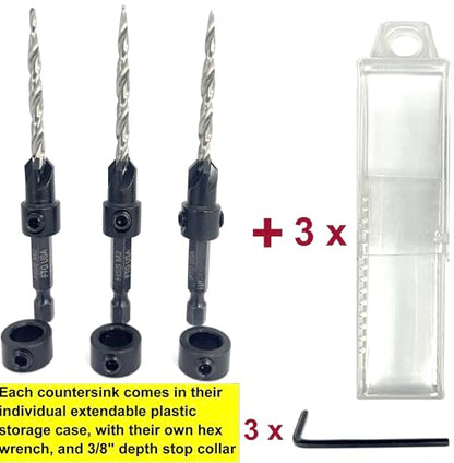 FTG USA 3 Pc #8 (11/64") Countersink Drill Bit Set with Tapered Drill Bits - size: #8, style: Same Sort 3 Pc
