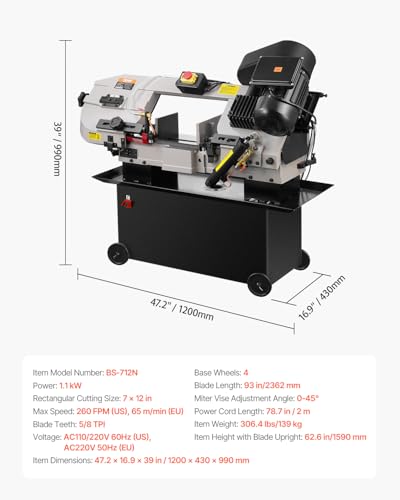 VEVOR Metal Horizontal Band Saw, 7 x 12 in Rectangular Cutting Capacity, 110/220V Vertical Cutting Bandsaw with 1.1 kW Motor, 0-45° Angle Adjustment, Variable Speed, for Metal, Wood, and Plastic