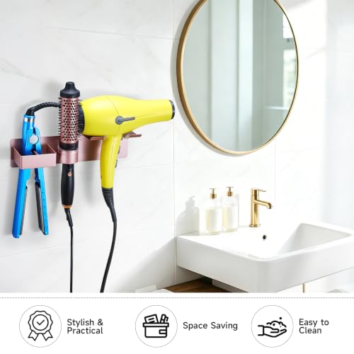 Hair Dryer Holder Wall Mount Curling Iron Holder Flat Iron Holder, Blow Dryer Holder Wall, 3 in 1 Bathroom Hair Tool Organizer Rack for Universal Hairdryer Straightener Curlings (Rose Gold) - color: Rose Gold