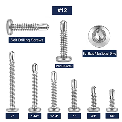 #12 x 1-1/2" Sheet Metal Screws 100Pcs 410 Stainless Steel Flat Head Socket Cap, Tek Self Tapping Screws With Allen Socket Drive by SG TZH - size: #12 x 1-1/2"