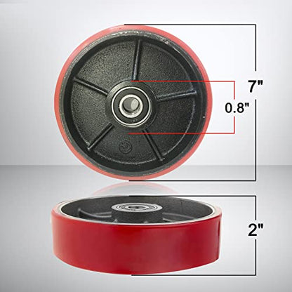 Pallet Jack/Truck Steering Wheels Set with Axle, Fasteners and Protective Caps (2 pcs) 7" x 2" with Bearings ID 20mm Poly Tread Red - size: 7"x2"