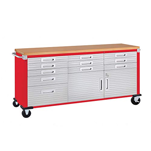 Seville Classics UltraHD Heavy Duty Rolling Cabinet Workbench Table w/Solid Wood Top, Workstation for Garage, Warehouse, Office, Workshop, 77" W x 20" D x 37.5" H, Red, 11-Drawer - color: Red, size: 11-Drawer