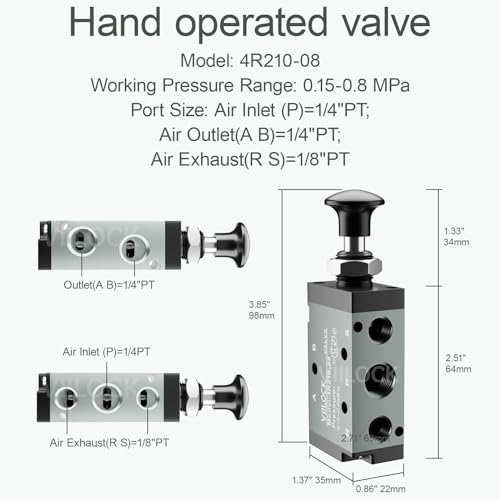 4R210-08 Push Pull Valve 5/2 Way 1/4"NPT Air Valve for Cylinder - size: 1/4"NPT, style: 5 way 2 position