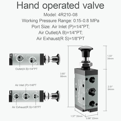 4R210-08 Push Pull Valve 5/2 Way 1/4"NPT Air Valve for Cylinder - size: 1/4"NPT, style: 5 way 2 position