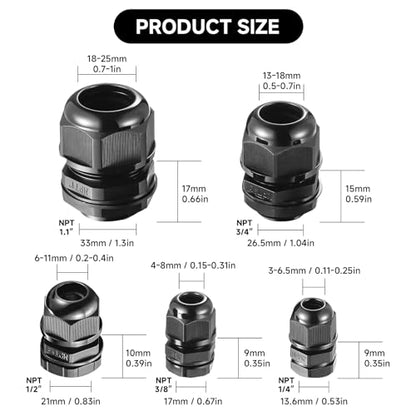Cable Glands, 48PCS NPT Power Strain Relief Cord Connector Kit, Black PA Nylon Cord Grips, Adjustable IP68 Waterproof Cable Gland, for Electrical Box Wire (Kit 48PCS)