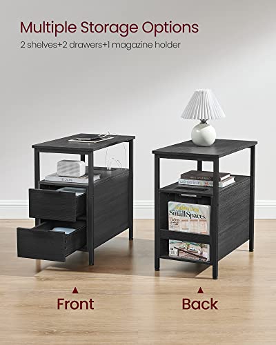 VASAGLE Side End Table with Charging Station, Slim Nightstand with Storage - color: Charcoal Gray + Ink Black, size: 23.6"D x 13.8"W