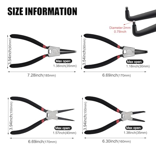 7" Snap Ring Pliers Set, 4PCS Heavy Duty Retaining Ring Pliers