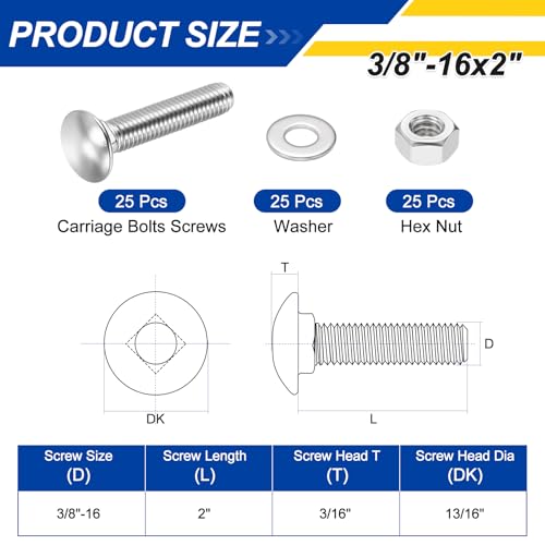 25Set 3/8"-16x2 Carriage Bolt 304SS, Silver - color: Silver, size: 3/8"-16x2