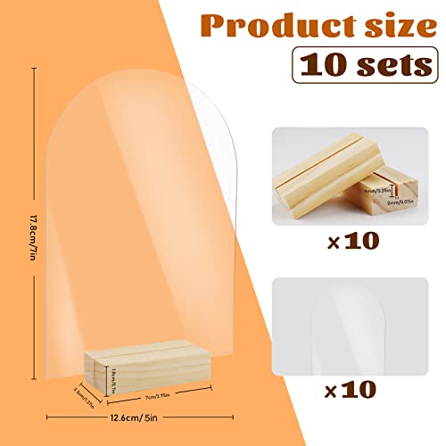 Bercoor 10 Pack 5x7 Inch Blank Clear Arch Acrylic Sign with Wooden Stands, Arched Round Top Acrylic Sheet, DIY Acrylic Arch Table Numbers for DIY Name Card Gifts Event Party Sign Decoration - size: 5x7 arched