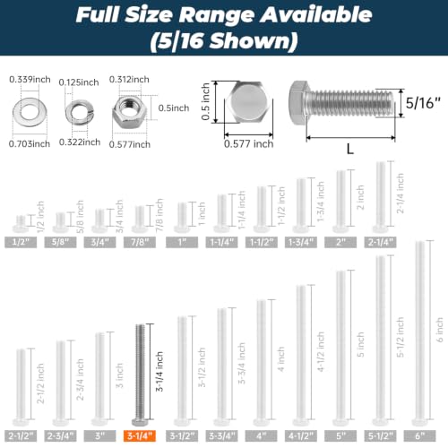 8 Sets Glvaner 5/16-18 x 3-1/4" Stainless Steel Hex Head Screws Bolts, Nuts, Flat & Lock Washers, 18-8 (304) Stainless Steel, Full Thread, Coarse Thread - size: 5/16-18 x 3-1/4"