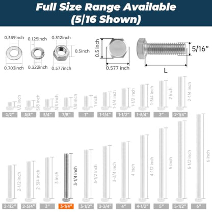 8 Sets Glvaner 5/16-18 x 3-1/4" Stainless Steel Hex Head Screws Bolts, Nuts, Flat & Lock Washers, 18-8 (304) Stainless Steel, Full Thread, Coarse Thread - size: 5/16-18 x 3-1/4"
