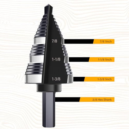 1/4 to 1-3/8 Inch Step Drill Bit, M2 High-Speed Steel Double Fluted Drill bits, Straight Grooved Step Drill Bit for Hole Drilling in Stainless Steel, Copper, Aluminum, Wood, Plastic - style: M2 1-3/8